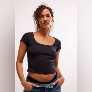 Free People Intimately Endgame Pointelle Baby Tee Shirt in Midnight Blue  Small